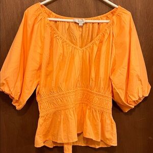 LOFT Bright Orange Peasant Blouse with Smocked Waist